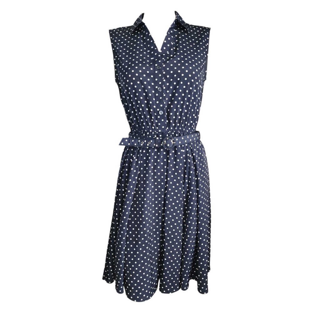Charter Club Dress 8P 8 Petite Blue White Polka Dot Classic Pinup Retro Belted